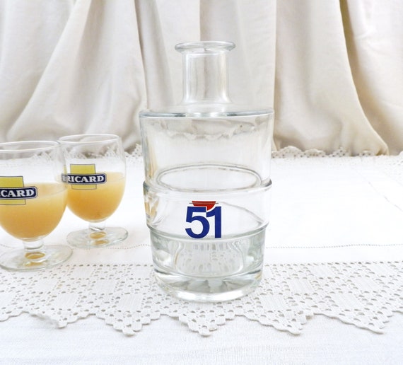 French Vintage Round Pastis 51 Clear Glass Water Carafe with Red and Blue Graphics, Retro Aperitif Drinks Accessory from the South of France