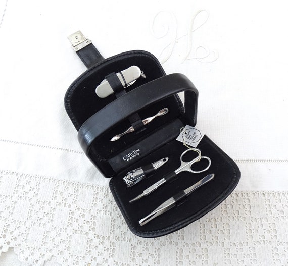 Vintage French Unused Carven Black Leather Travel Manicure Set from Paris, Retro Parisian Couture Hand Luggage Accessory, Nail Clippers