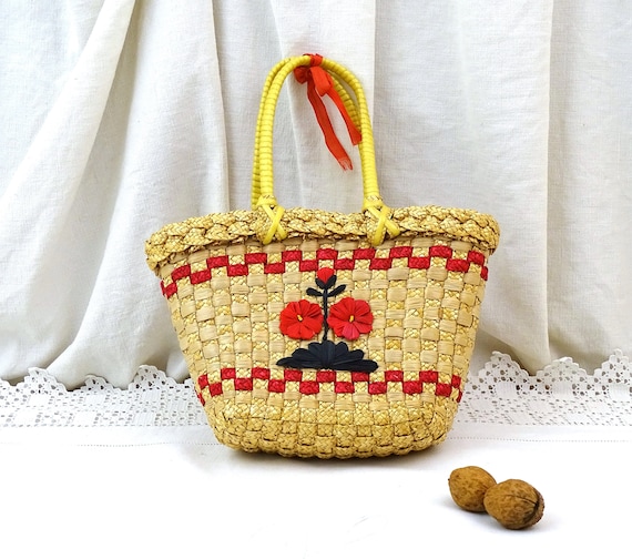 Small Vintage 1960s French Woven Golden Straw Child's Basket with Red Flower Pattern, Retro Kids Play Toy Bag, Upcycled Handbag in Yellow