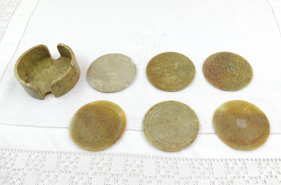 Set of 6 Round Vintage Carved Soapstone Drinks Tumbler Coasters with Holder, Retro Stone Dinner Party Table Accessory, Boho Natural Decor