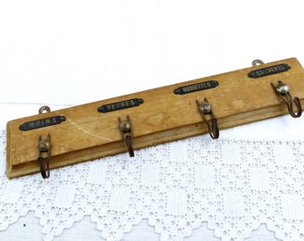 Französischer Vintage-Holzhalter mit 4 Haken, Geschirrtuchhalter mit 4 Haken, Retro-Küchenzubehör zur Wandbefestigung aus Frankreich, altes Landhaus-Brocante-Dekor