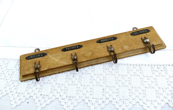 French Vintage Wooden Mounted 4 Hook Tea Towel Rack, Retro Wall Mounted Kitchen Accessory from France, Old Style Country Brocante Decor