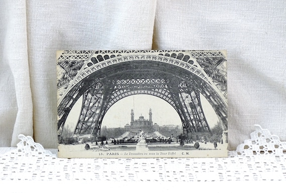 French Unused Antique Black and White Postcard the Base of the Eiffel Tower and Trocadero, Vintage Image Monument of Paris, Old Vacation