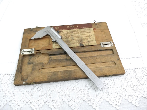 Vintage French Caliper Roch Junior with Original Wooden Box, Retro Precision Measuring Work Tool Made of Metal in France Large Size
