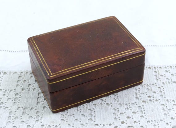 Small Vintage Rectangular Shaped Leather Bound Jewelry Box in Moroccan Leather with Suede Interior, Retro Container from France
