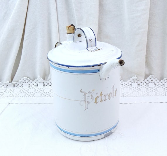 Antique French Enameled Metal Petrol Can in White with Blue, Vintage Rare Enamelware for Lamp Paraffin from France, Old Collectible Enamel