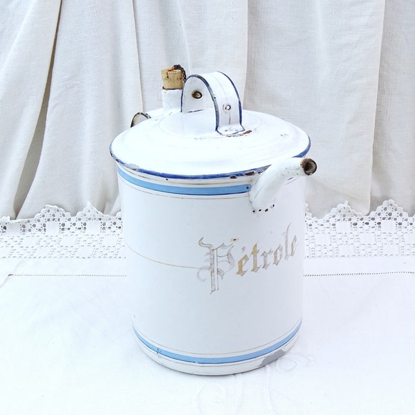 Antique French Enameled Metal Petrol Can in White with Blue, Vintage Rare Enamelware for Lamp Paraffin from France, Old Collectible Enamel