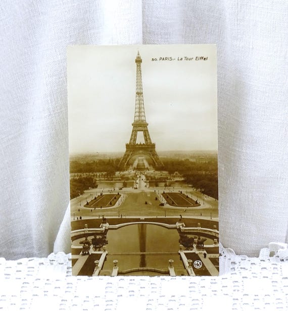 French Vintage 1930s Sepia Black and White Postcard of the Eiffel Tower in Paris and River Seine,  Retro Picture of Parisian Monument