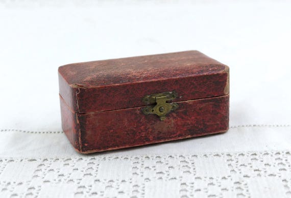 Small Antique French Rectangular Fake Red Leather Jewelry Box in Black with Fabric Interior  Lining, Retro Brooch Pin Container from France