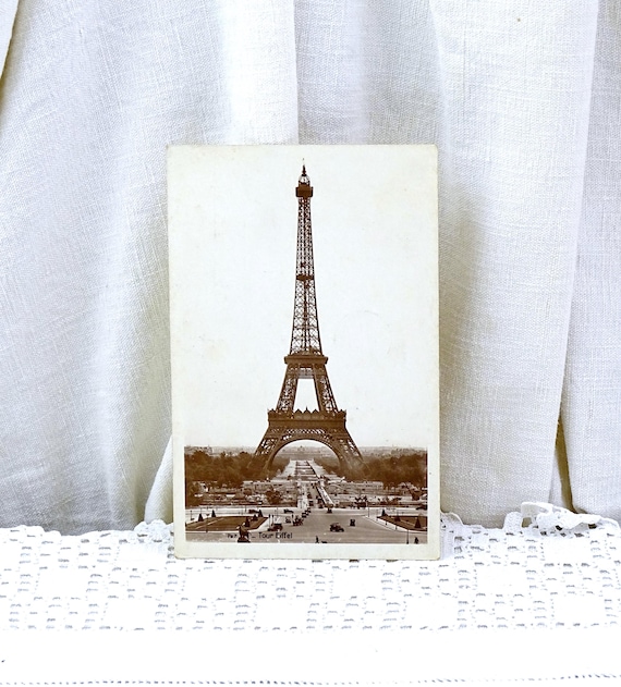 French Vintage 1930s Sepia Black and White Postcard of the Eiffel Tower in Paris and River Seine,  Retro Picture of Parisian Monument