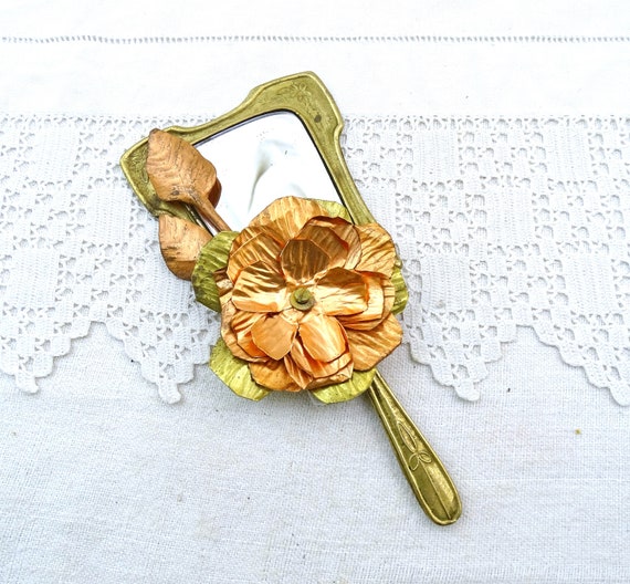 Small Vintage French Handheld Vanity Brass Mirror with Handmade Copper Flower, Retro Looking Glass from France, Brocante Boudoir Unique
