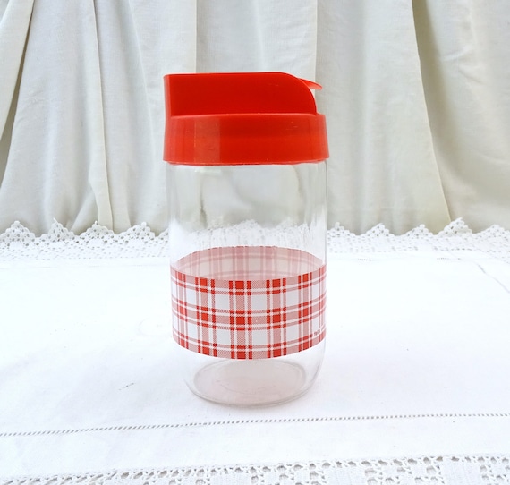 Vintage French 1960s Felix Potin Clear Glass Kitchen Storage Jar with Red and White Tartan Pattern, Retro Mid Century Kitchen Canister
