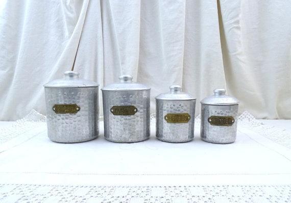 Antique French 4 Piece White Metal Canister Set with Brass Labels and Hammered Textured Sides, Retro Country Farmhouse Kitchen Decor France