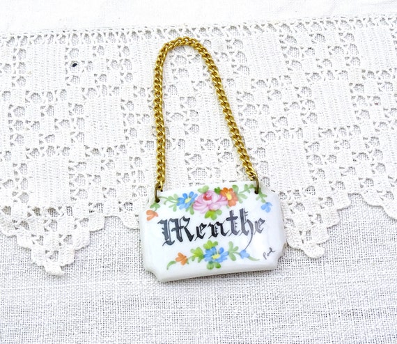 Vintage French Limoges Porcelain China Hand Painted Menthe Mint Spirit Bottle Label, Dinner Party Accessory Retro Barware Name Tab France