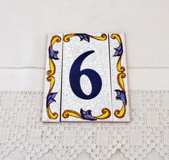 Spanish Vintage Glazed Ceramic Square Tile House Number 6 or 9, Retro Street House Address Plaque from Spain, European Style Pottery Sign