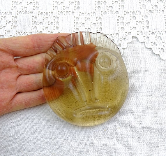 Vintage Hand Made Clear Smoked Clear Face Paper Weight, Retro Artisan Stylized Face made of Glass, Curio Home Decor from France