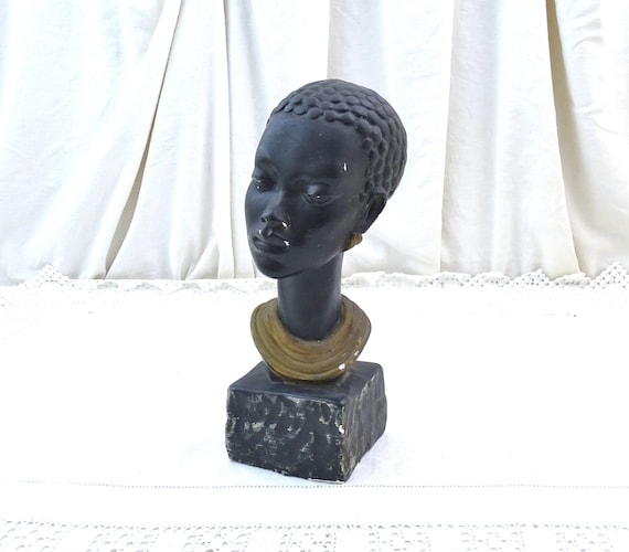 Vintage 1960s Plaster Bust of Beautiful Black Woman African Woman, Retro Chalkware Mid Century Sculpture of Elegant Woman from Africa