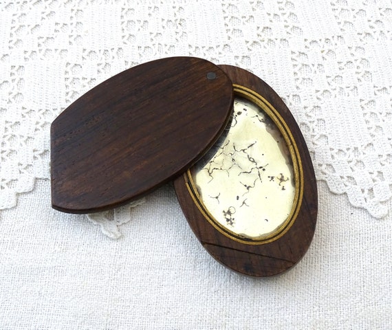 Small Antique French Pocket Distressed Mirror with Wooden Case and Paper Label Stating it Comes from Versailles, 19th C Looking Glass France