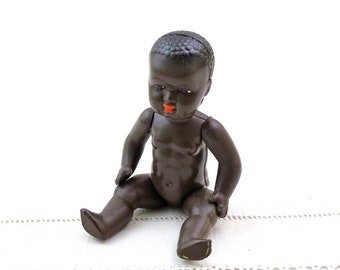 Small Vintage African American Celluloid Articulated Baby Doll, Little Girls Pretend Play Toy, Tiny Dolly