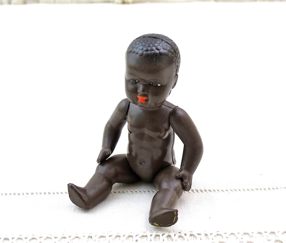 Small Vintage African American Celluloid Articulated Baby Doll, Little Girls Pretend Play Toy, Tiny Dolly