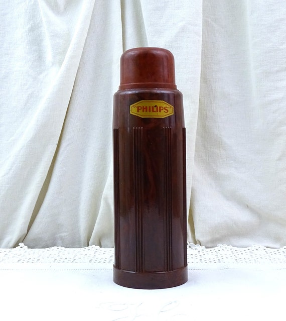 Vintage French Bakelite Philips Thermos Flask with 3 Cups, Retro 1930s - 1940s Picnic Accessory from France, Rare Collectible Coffee WW2