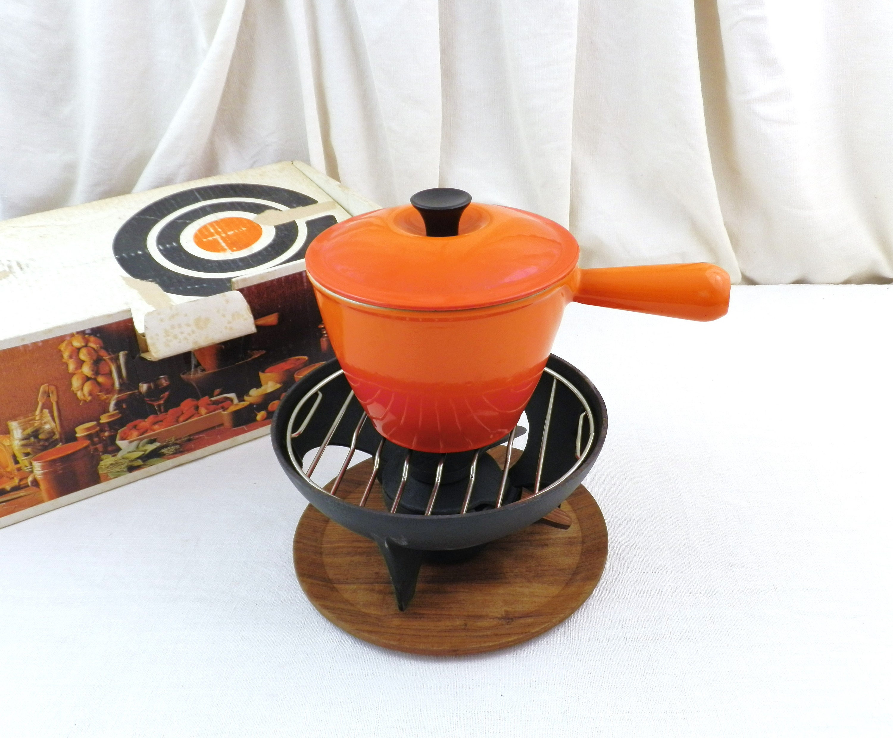 French 1970s Le Boxed Cheese Fondue Set, Retro Table Top Pan From France, Orange Enameled Cooking Pot