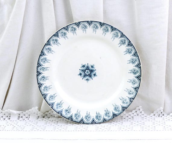Antique French Ironstone Plate with Teal Blue Pattern Model Boulogne, Ironstoneware Choisy Le Roi Style Crockery France, Farmhouse Decor