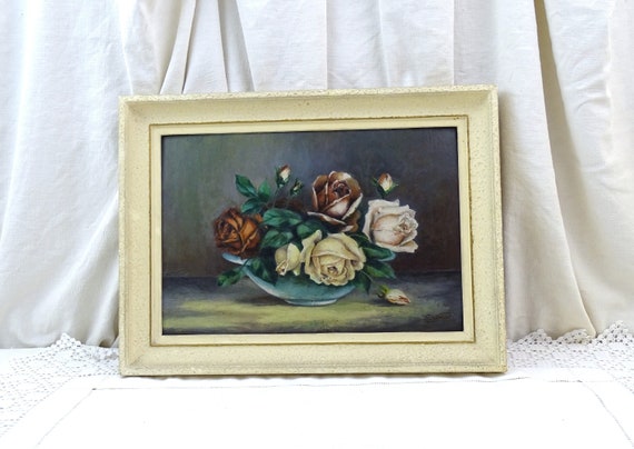 Vintage French 1950s Framed Oil Painting Still Life Roses in Bowl, Retro Mid Century Hand Painted Framed Picture Floral Decoration France