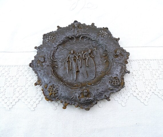 Antique Victorian Cast Iron Decorative Wall Plate or Trinket Dish with Penny Farthing Racers, Rare Vintage Collectible Bicycle Themed Decor