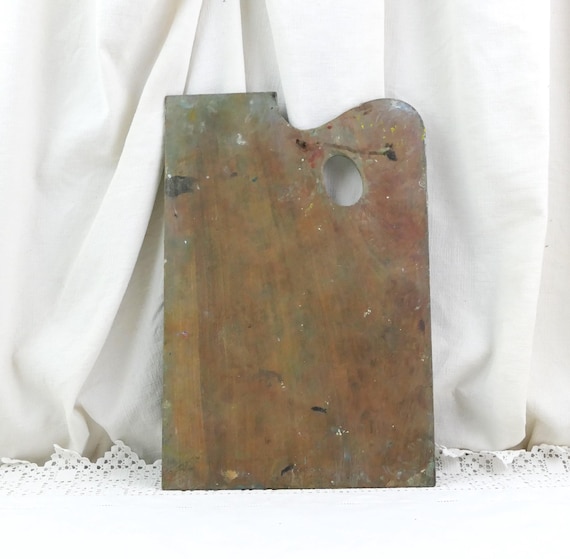 Vintage Rectangular Used Wooden Artist's Oil Paint Color Palette, Retro Painter's Accessory from France, Old Painting Equipment Wall Decor