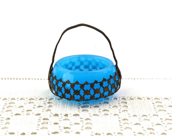 Tiny Antique 19th Century Blue Opaline Glass Basket with Omalu Metal Handle, Small Vintage Table Cruet Salt Dish in Blue Milk Glass France
