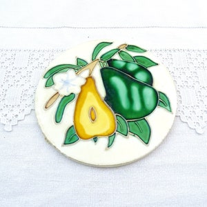 Vintage French Round Ceramic Tile with Glazed Pear Fruit Pattern, Retro Pottery Faience Decorative Tile from France , Country Home Brocante