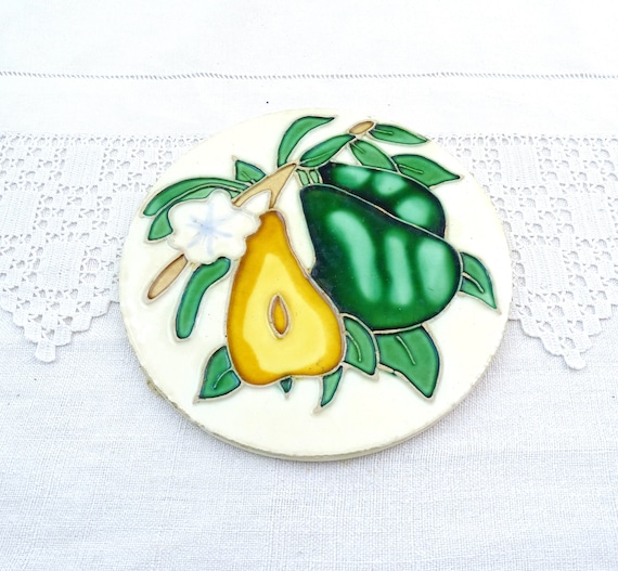 Vintage French Round Ceramic Tile with Glazed Pear Fruit Pattern, Retro Pottery Faience Decorative Tile from France , Country Home Brocante