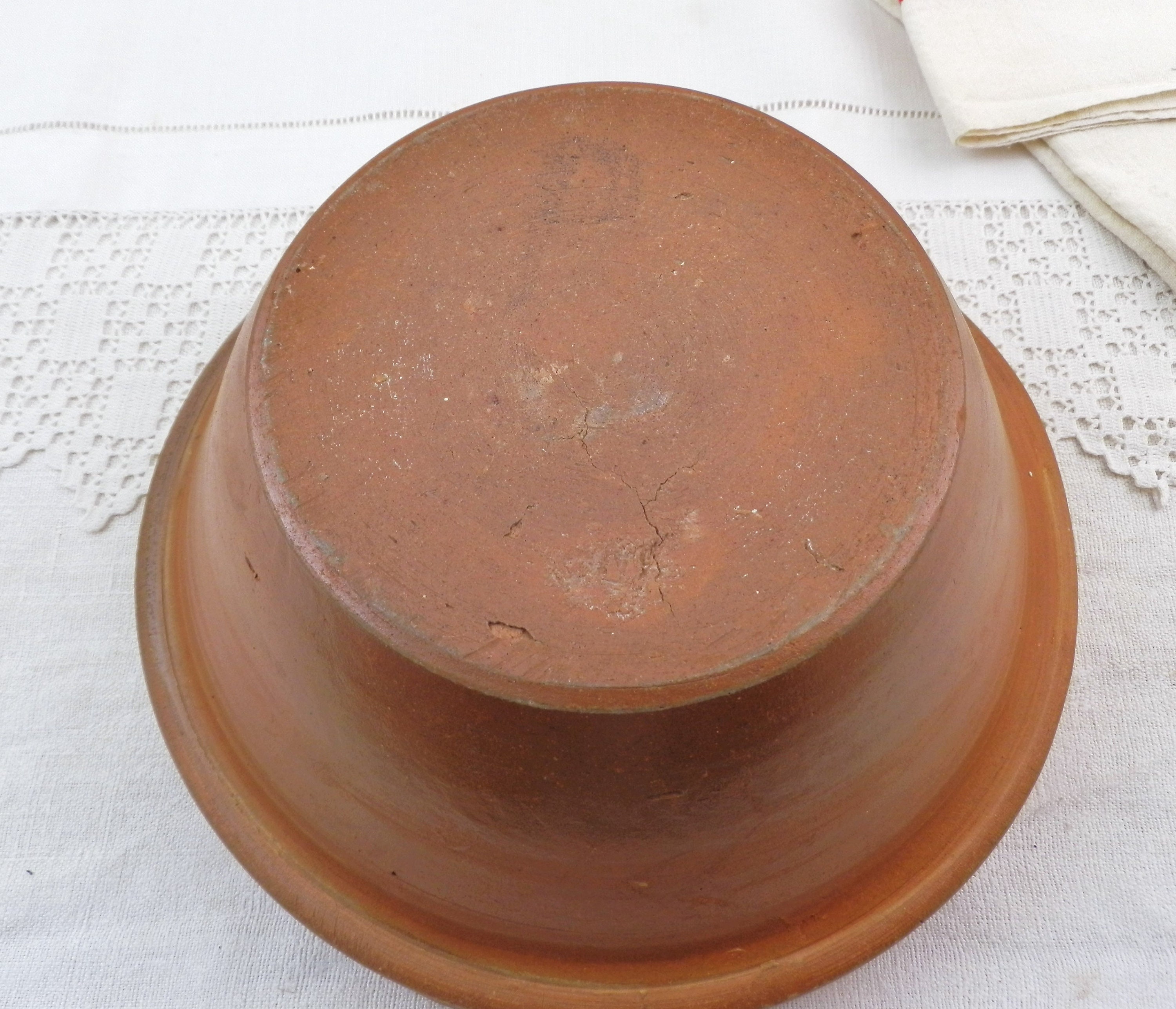 French Antique Pottery Mixing Bowl with Serving Spout, Vintage Ceramic