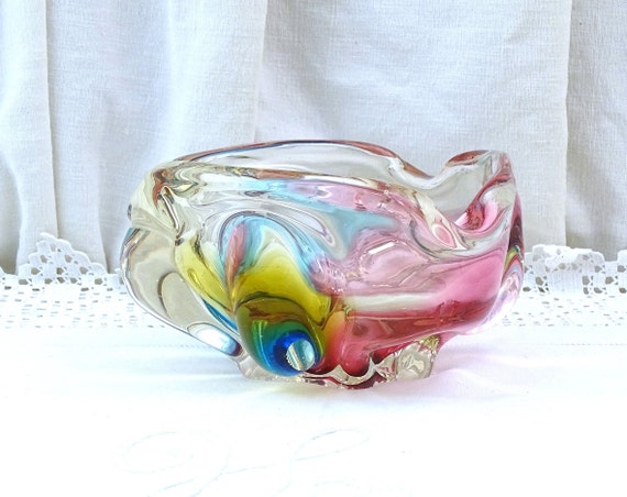 Vintage Mid Century Japanese Sanyu Art Glass Colorful Chunky Cigar Ashtray Pink and Blue Fantasy Range, MCM 1960s Glassware Bowl Japan