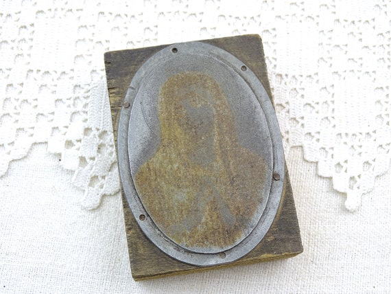 Vintage French Printers Block with Image of Virgin Mary, Retro Printing Stamp with Our Lady Praying, Old Style Religious Picture from France