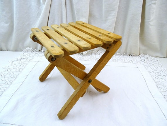 Vintage French Folding Bleached Wooden Foot Stool  Plant Stand, Retro Country Cottage Portable Furniture, Rustic Camping Seating France