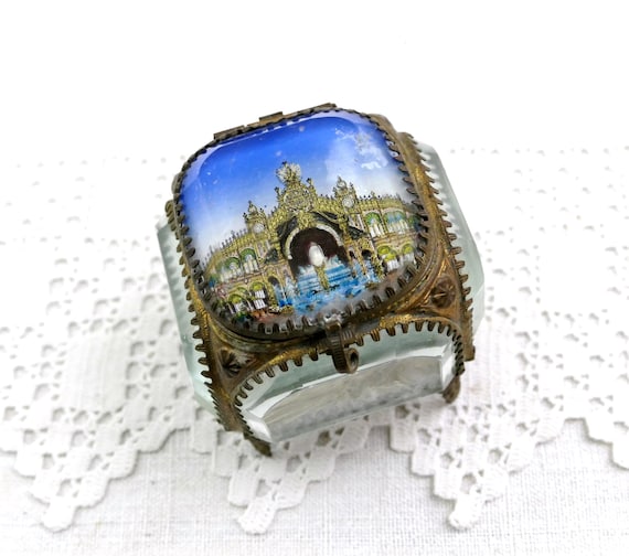 Small Antique French Beveled Glass Jewelry Souvenir Box from The Parisian 1889 Universal Exposition, Vintage Souvenir from Paris Show