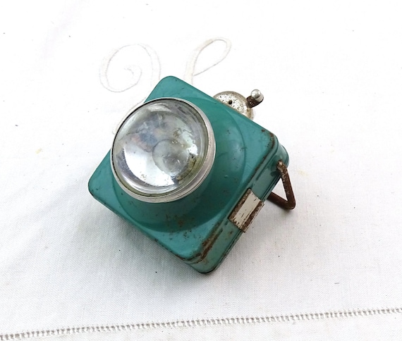 French Vintage Turquoise  Green Metal Hand Held Flash Light with Domed Glass Lens, Retro Torch France, 1950s Industrial Style Home Decor