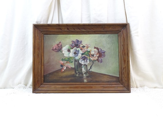 Vintage French Framed Hand Painted Oil on Canvas Floral Composition with Pink Purple and White Flowers, Still Life Painting Picture France