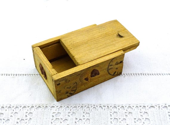 French Vintage Square Wooden Box with Sliding Lid used for Posting Valuables with Original Wax Seals, Retro Jewelry Box Made of Wood France