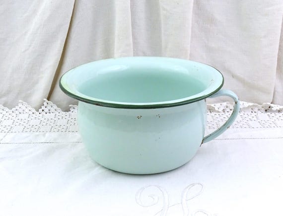 Vintage French Mint Green Enamel Porcelain Chamber Pot, Retro Enameled Metal Potty from France, Enamelware Cottagecore Decor Collection