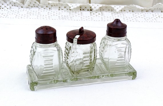 Vintage French Art Deco Glass and Bakelite Cruet Set, Retro 1930s Salt Pepper Shakers and Mustard Jar on Molded Glass Base