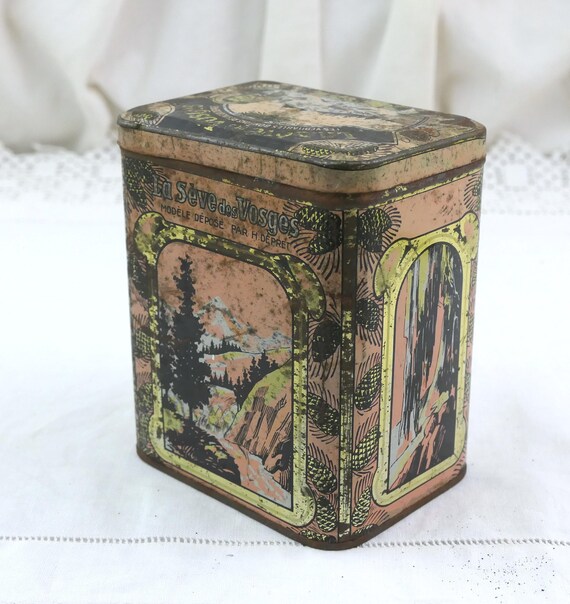 Vintage French La Sève des Vosges Candy Lithographed Tin in Pink and Gold, 1960s Metal Bonbon Box, Pine Sap Sweets, Illustrated Advertising
