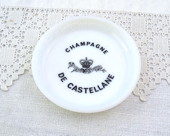 Round Vintage French Promotional Trinket Dish for Castellane Champagne House of White Milk Glass, Retro Wine Advertising Opaline France