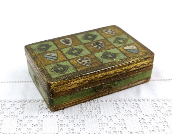 Vintage Florentine Italian Box, Green and Gold Gilt Wood Trinket Box, Mid Century Decorative Keepsake Box, 1960s Gilded Jewelry Box Italy