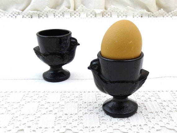 Set of 2 Black Milk Glass Chicken Shaped Egg Cups, Retro Poultry Themed Kitchenware From France, Farmhouse Rooster Eggcup for the Kitchen