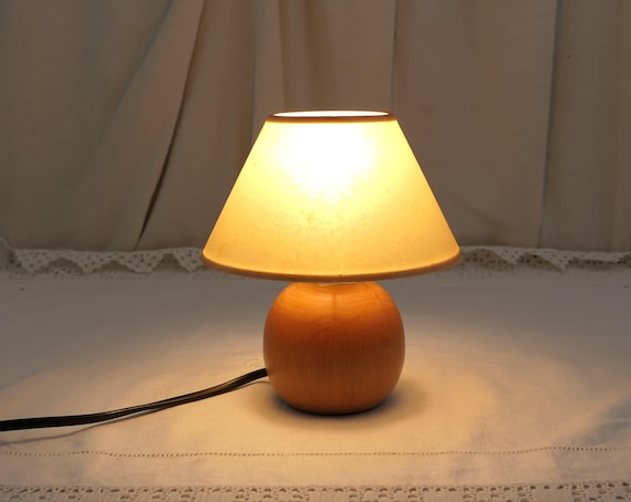 Small Vintage Wooden Ball Side Lamp with Beige Fabric Shade, Retro Scandi Minimalist Bedside Light made of Wood,1980s Natural Boho Lighting