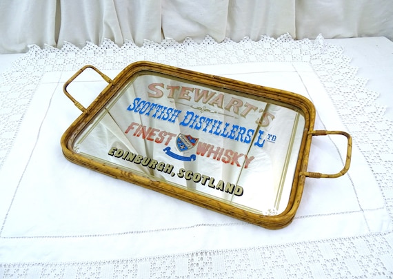 Vintage Promotional Glass and Bamboo Tray for Stewarts Scottish Distillers Edinburgh, Retro MCM Whisky Advertising Barware from Scotland