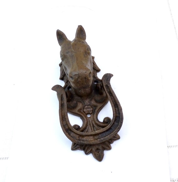 Vintage French Cast Iron Horseshoe Stallion Door Knocker ,Horse Head Metal Entrance Knocker, Retro Equine Front Door Accessory from France